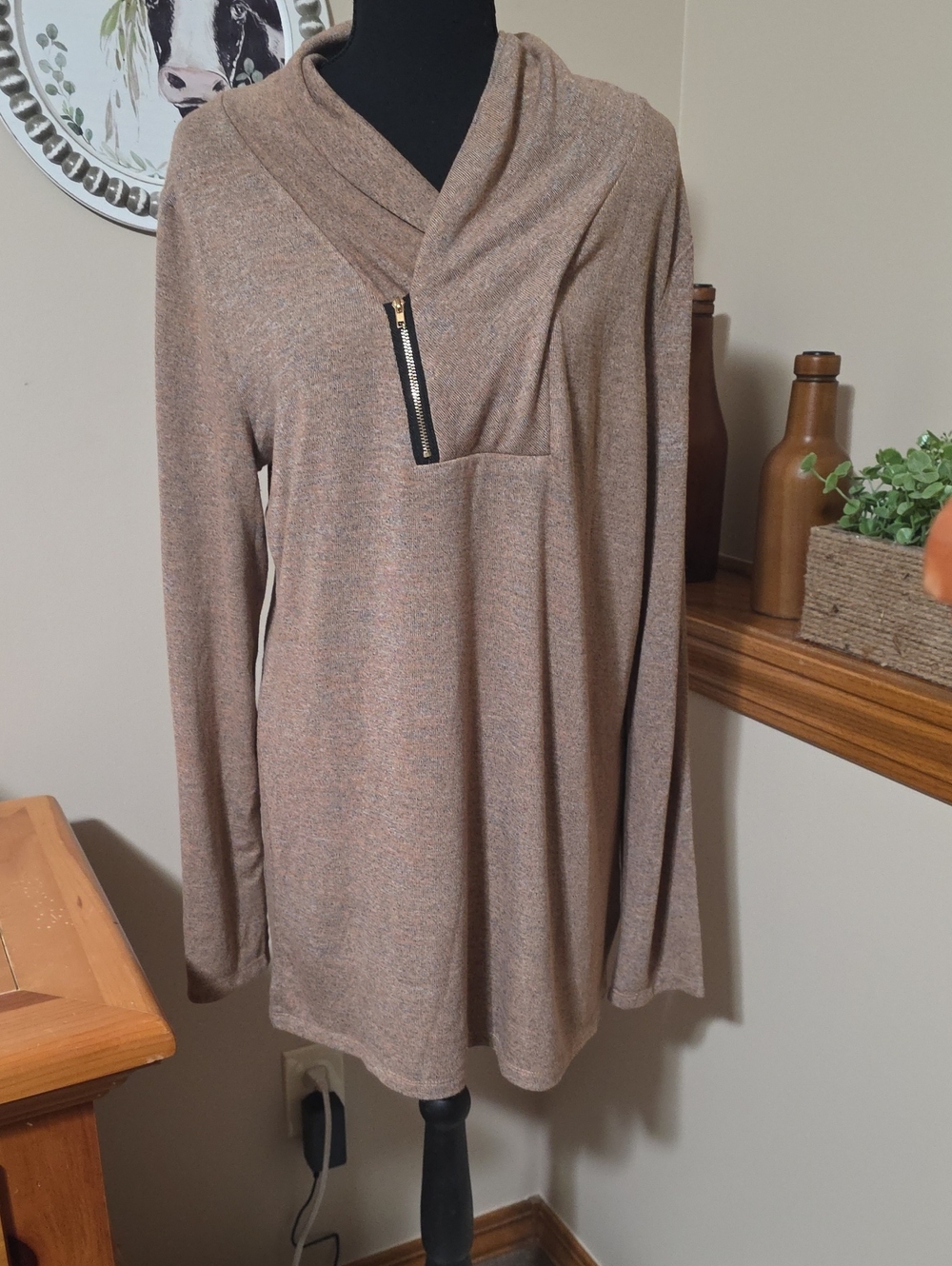 Cozy Taupe Long-Sleeve Drape Neck Dress with Zip Detail - Picture 1 of 6